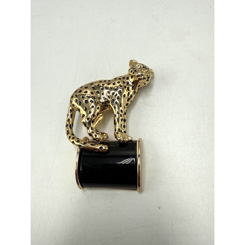 Vintage Gold Tone Leopard Brooch Black Enamel Spotted Big Cat Cheetah Pin